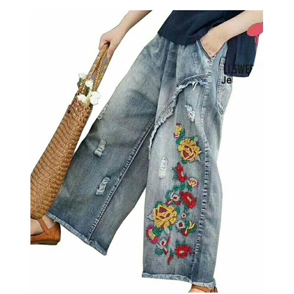 Yesno Wide Leg Embroidered Distressed Jeans Sz L